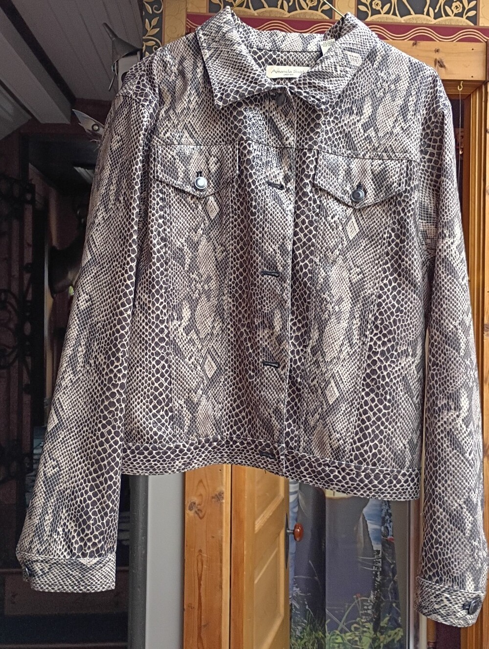 JM Collection Snake-Print Jean Jacket in Beige and Black